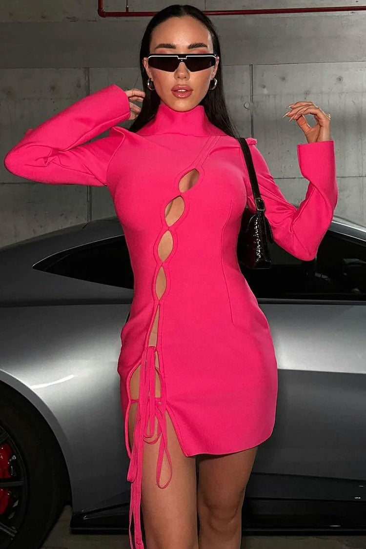 Cutout Bow Tie High Neck Long Sleeve Bandage Mini Dress - Hot Pink