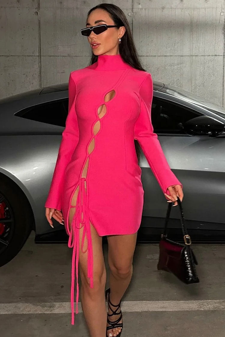 Cutout Bow Tie High Neck Long Sleeve Bandage Mini Dress - Hot Pink - Fashionpara