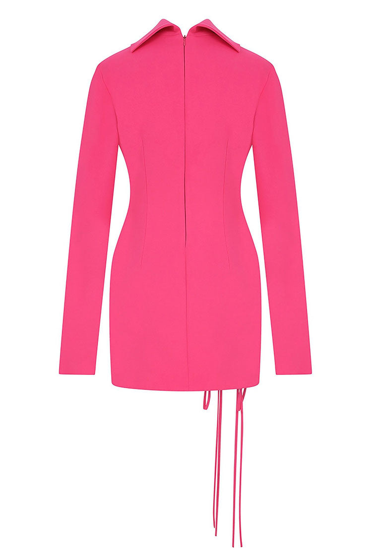Cutout Bow Tie High Neck Long Sleeve Bandage Mini Dress - Hot Pink - Fashionpara