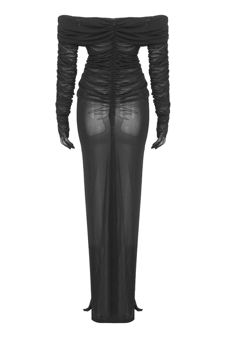 Sexy Cutout Bustier Off Shoulder Ruched Drape Mesh Evening Maxi Dress - Fashionpara