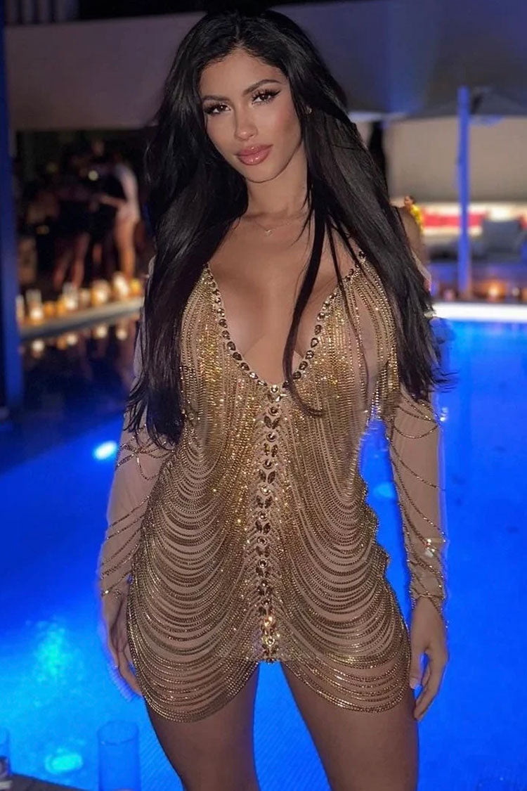 Sexy Deep V Cold Shoulder Sheer Mesh Rhinestone Fringe Party Mini Dress - Gold Fashionpara