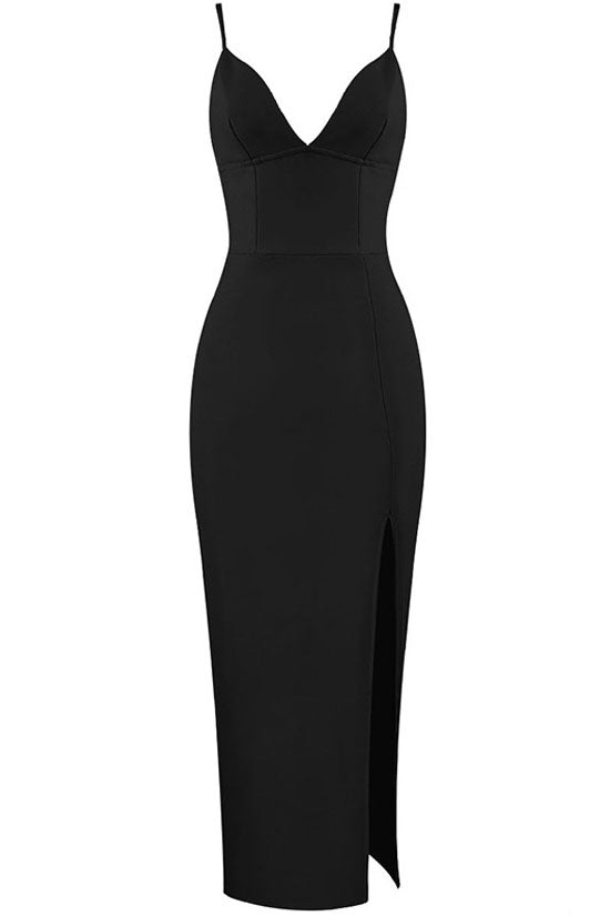 Deep V High Slit Sleeveless Bandage Cocktail Party Maxi Dress - Black - View 3