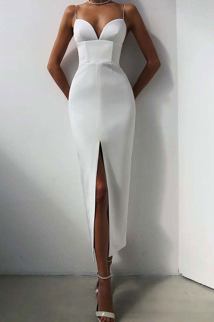 Deep V High Slit Sleeveless Bandage Cocktail Party Maxi Dress - White - Fashionpara
