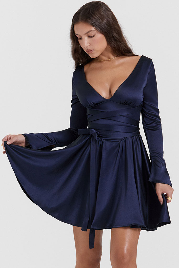 Sexy Deep V Long Sleeve Wrap Tie Waist Silky Satin Party Mini Dress - Navy Blue - Fashionpara