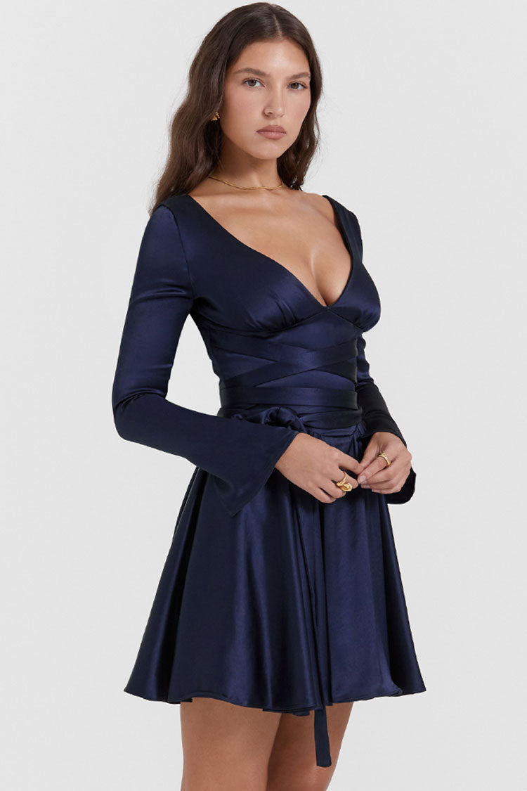 Sexy Deep V Long Sleeve Wrap Tie Waist Silky Satin Party Mini Dress - Navy Blue - Fashionpara
