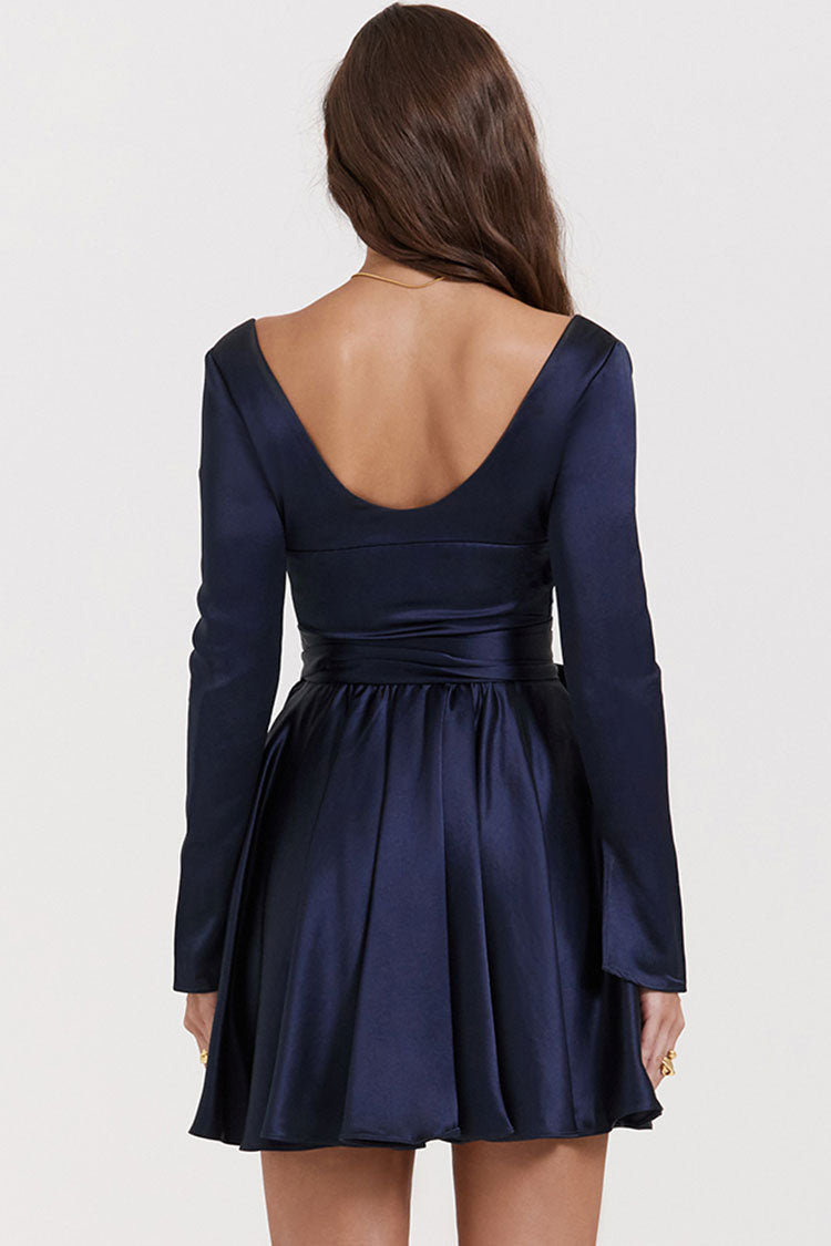 Sexy Deep V Long Sleeve Wrap Tie Waist Silky Satin Party Mini Dress - Navy Blue - Fashionpara