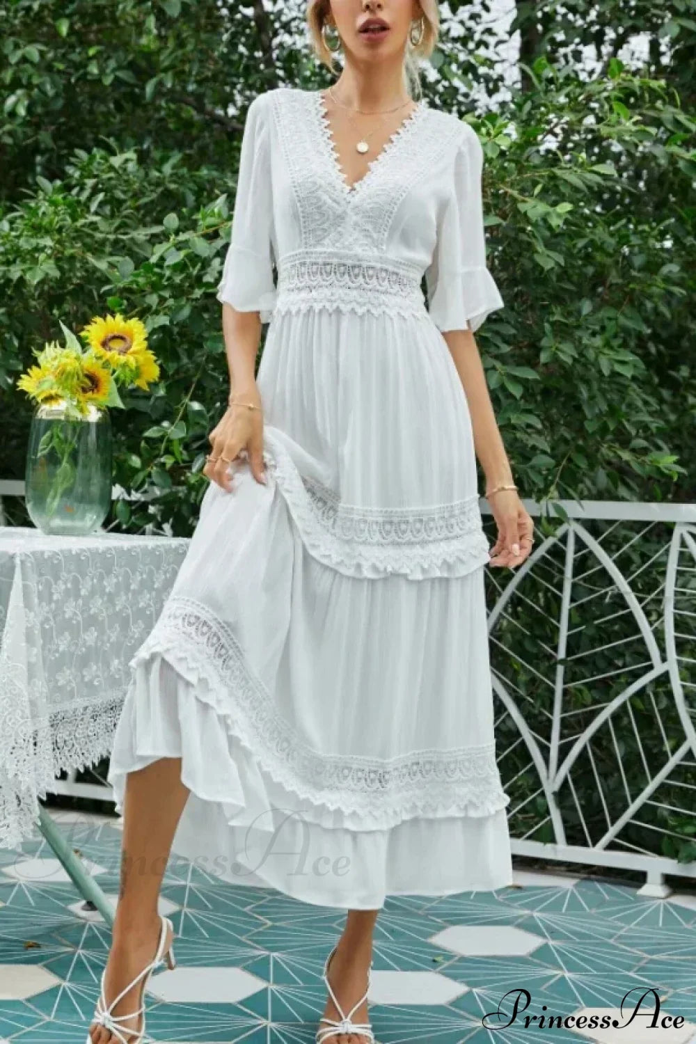 Sexy Deep V-neck Backless Cotton Lace Dress