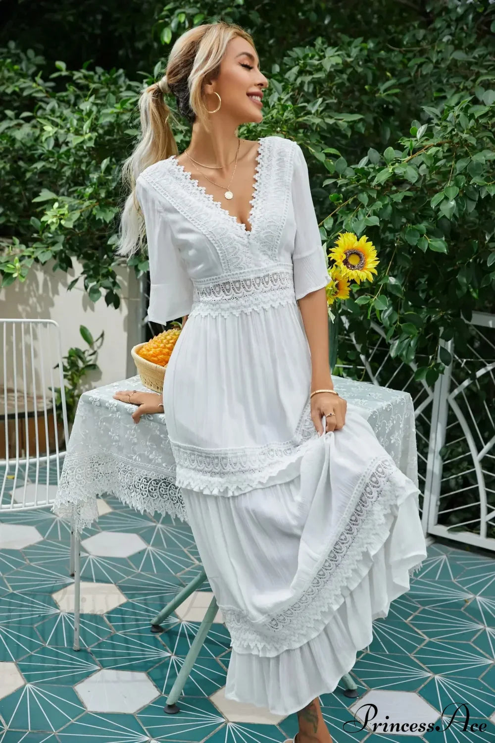 Sexy Deep V-neck Backless Cotton Lace Dress