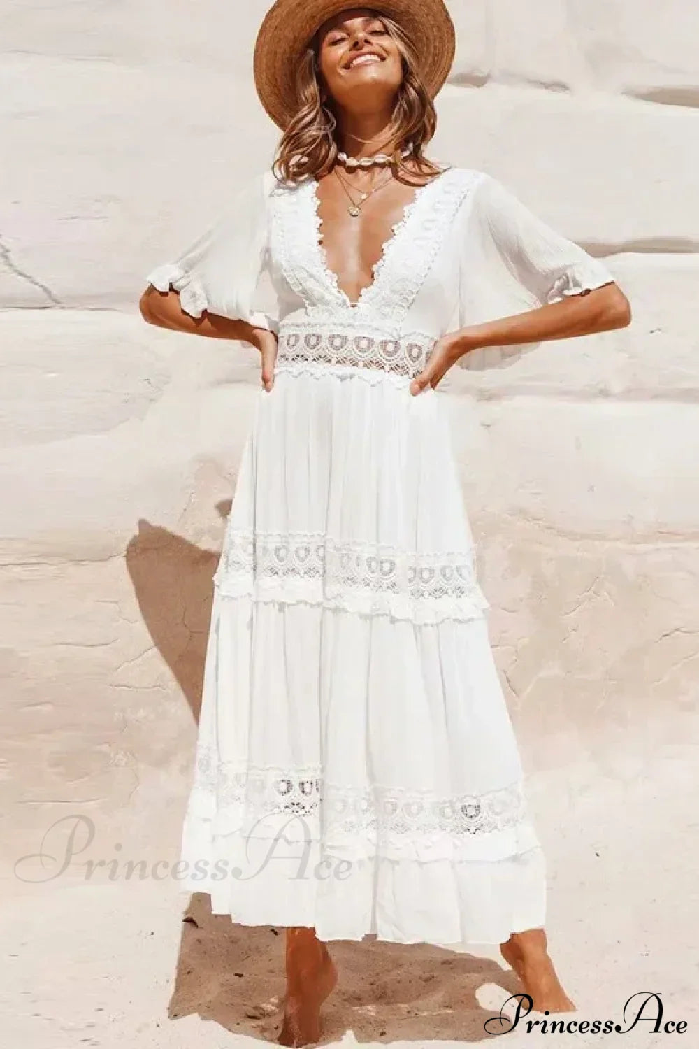 Sexy Deep V-neck Backless Cotton Lace Dress WHITE / S bohodress-250126