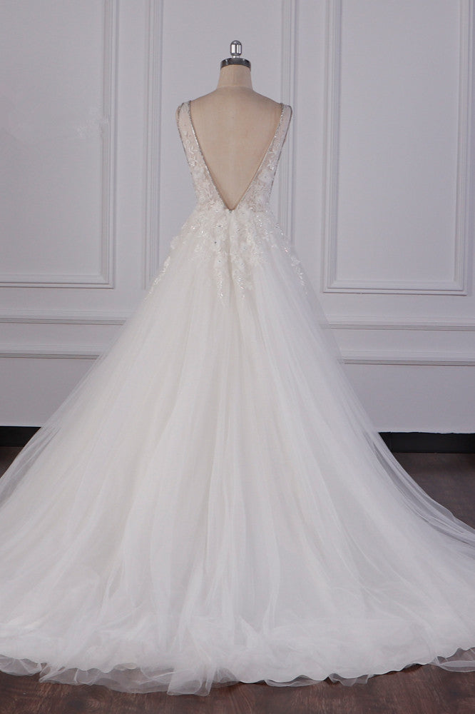 Sexy Deep-V-Neck Ball Gown Wedding Dress Sleeveless Appliques Beadings Bridal Gowns On Sale - Fashionpara