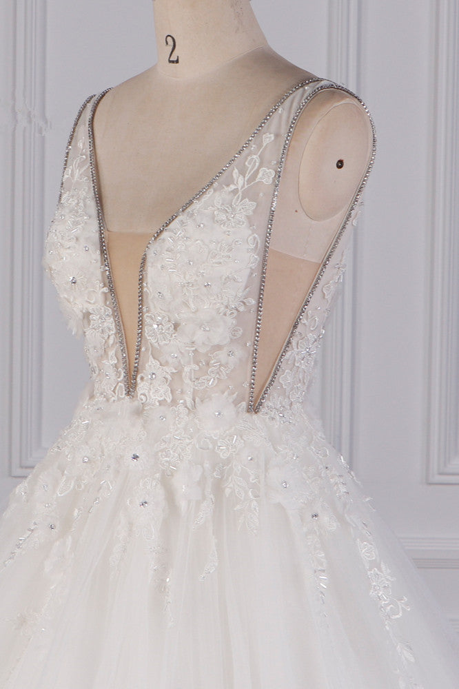 Sexy Deep-V-Neck Ball Gown Wedding Dress Sleeveless Appliques Beadings Bridal Gowns On Sale - Fashionpara