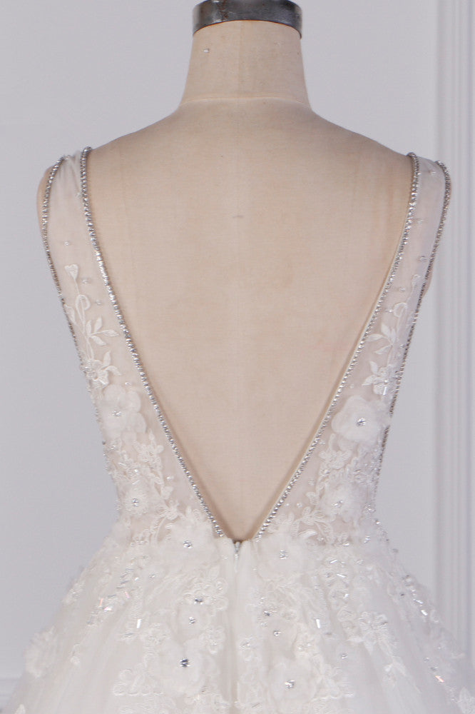 Sexy Deep-V-Neck Ball Gown Wedding Dress Sleeveless Appliques Beadings Bridal Gowns On Sale - Fashionpara