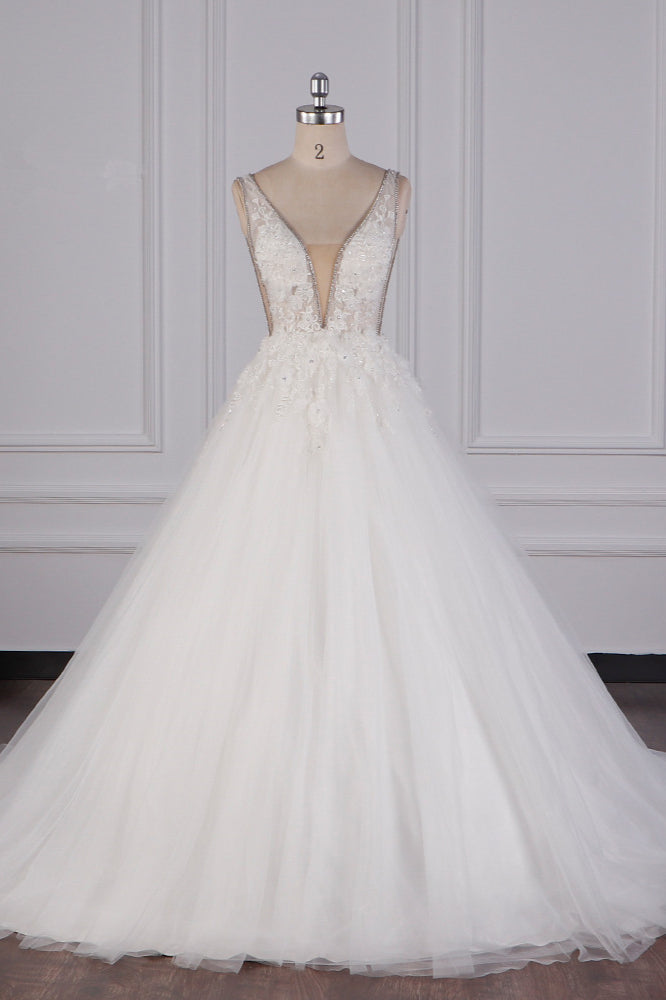 Sexy Deep-V-Neck Ball Gown Wedding Dress Sleeveless Appliques Beadings Bridal Gowns On Sale - Fashionpara