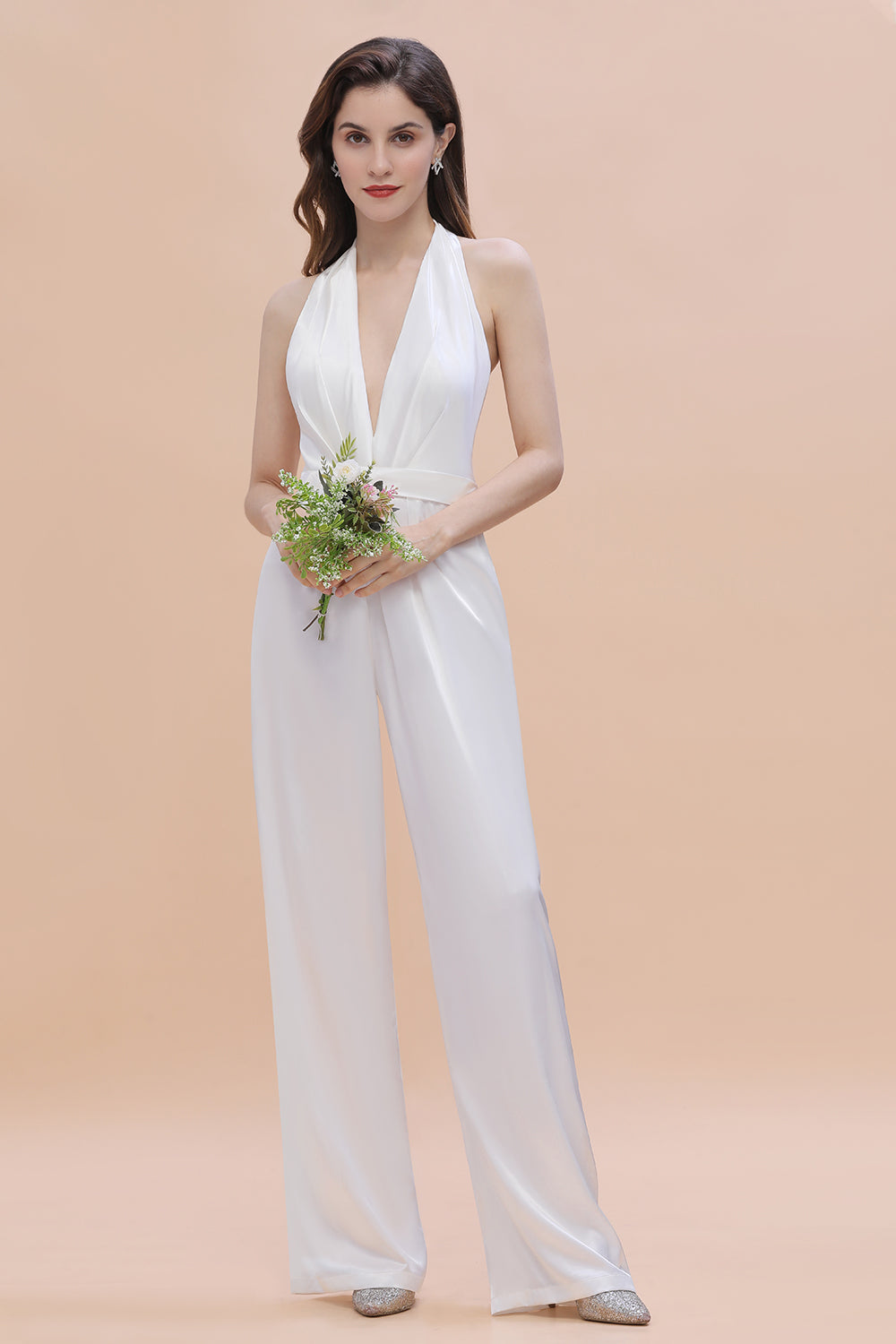 Sexy Deep-V-Neck Halter Backless Charmeuse Bridesmaid Jumpsuit - Fashionpara