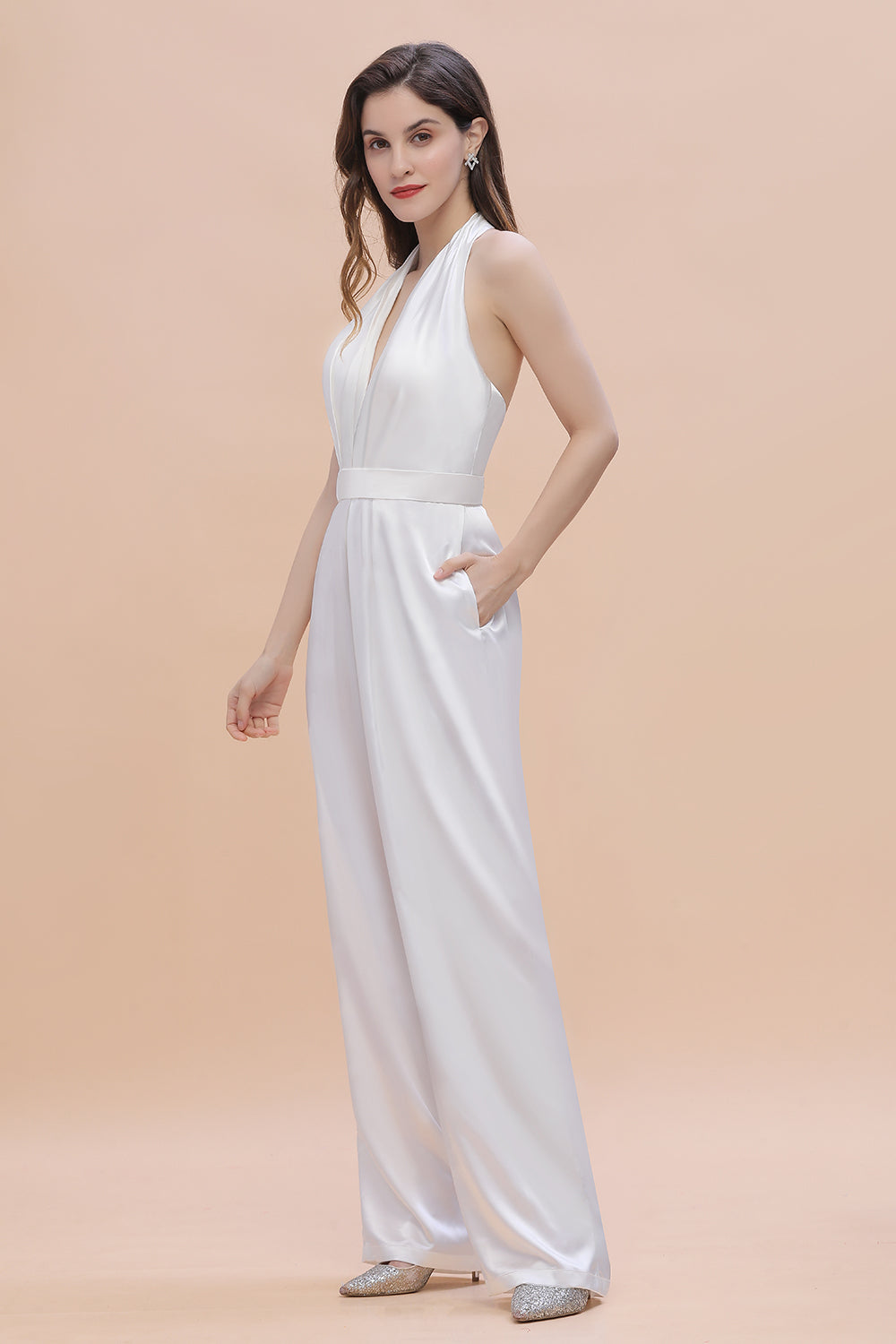 Sexy Deep-V-Neck Halter Backless Charmeuse Bridesmaid Jumpsuit - Fashionpara