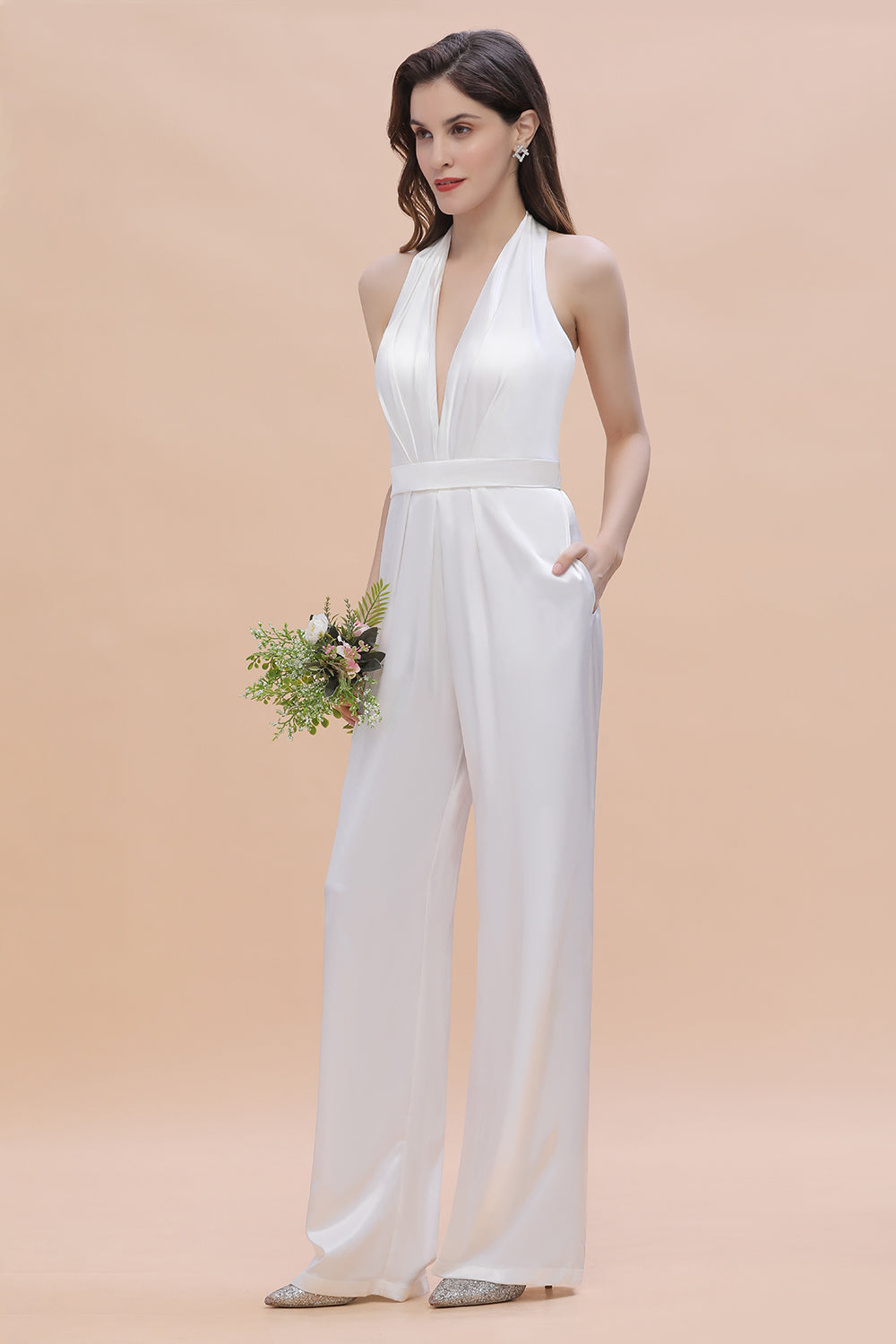 Sexy Deep-V-Neck Halter Backless Charmeuse Bridesmaid Jumpsuit - Fashionpara