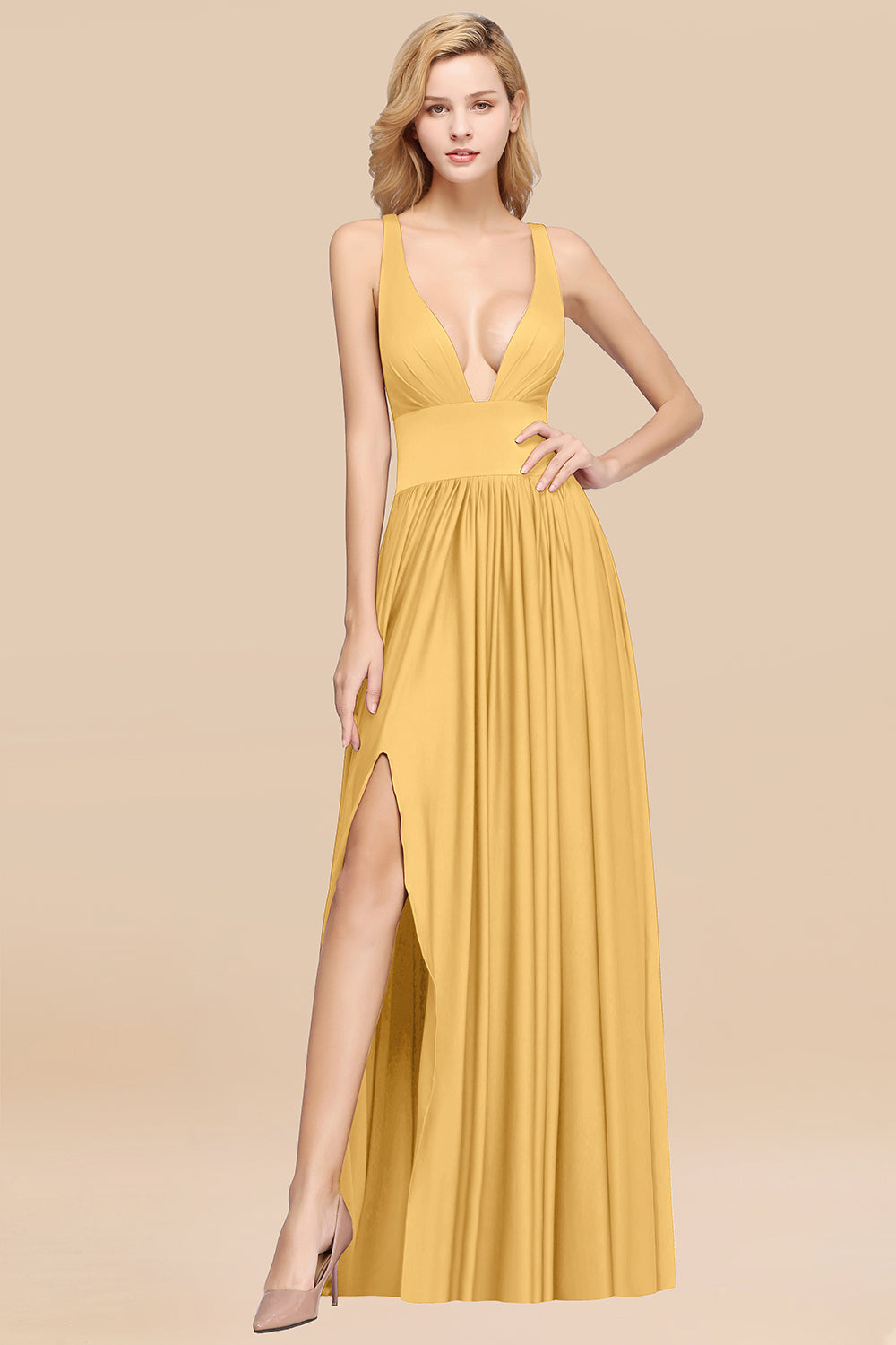 Sexy Deep V-Neck Sleeveless Bridesmaid Dresses Burgundy Chiffon Wedding Party Dress - Fashionpara