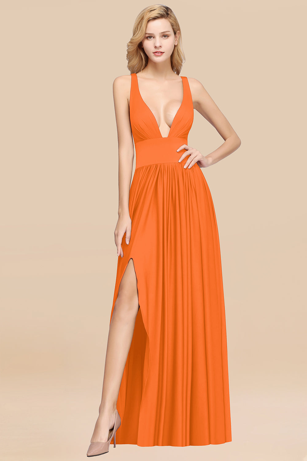 Sexy Deep V-Neck Sleeveless Bridesmaid Dresses Burgundy Chiffon Wedding Party Dress - Fashionpara