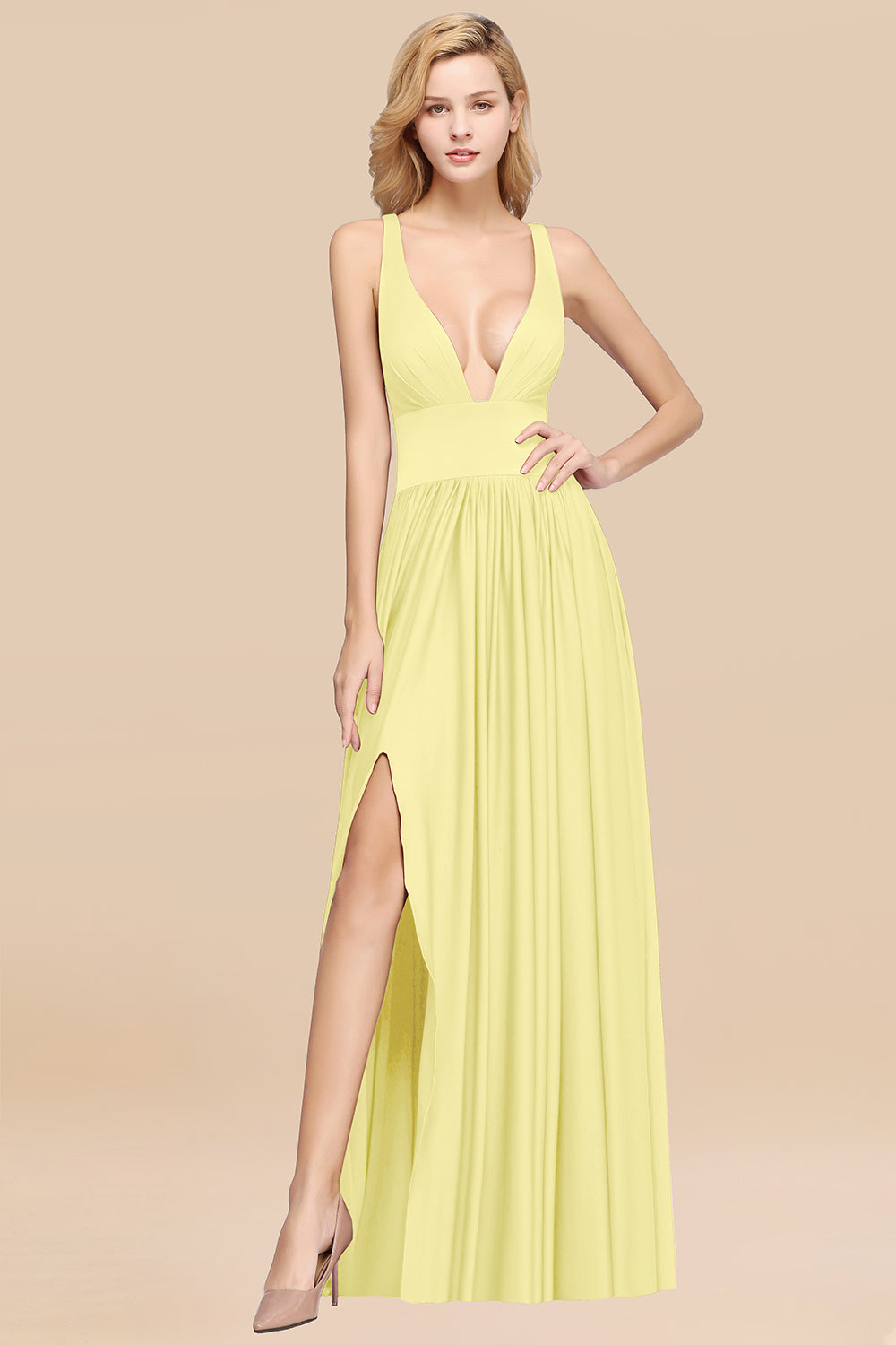 Sexy Deep V-Neck Sleeveless Bridesmaid Dresses Burgundy Chiffon Wedding Party Dress - Fashionpara