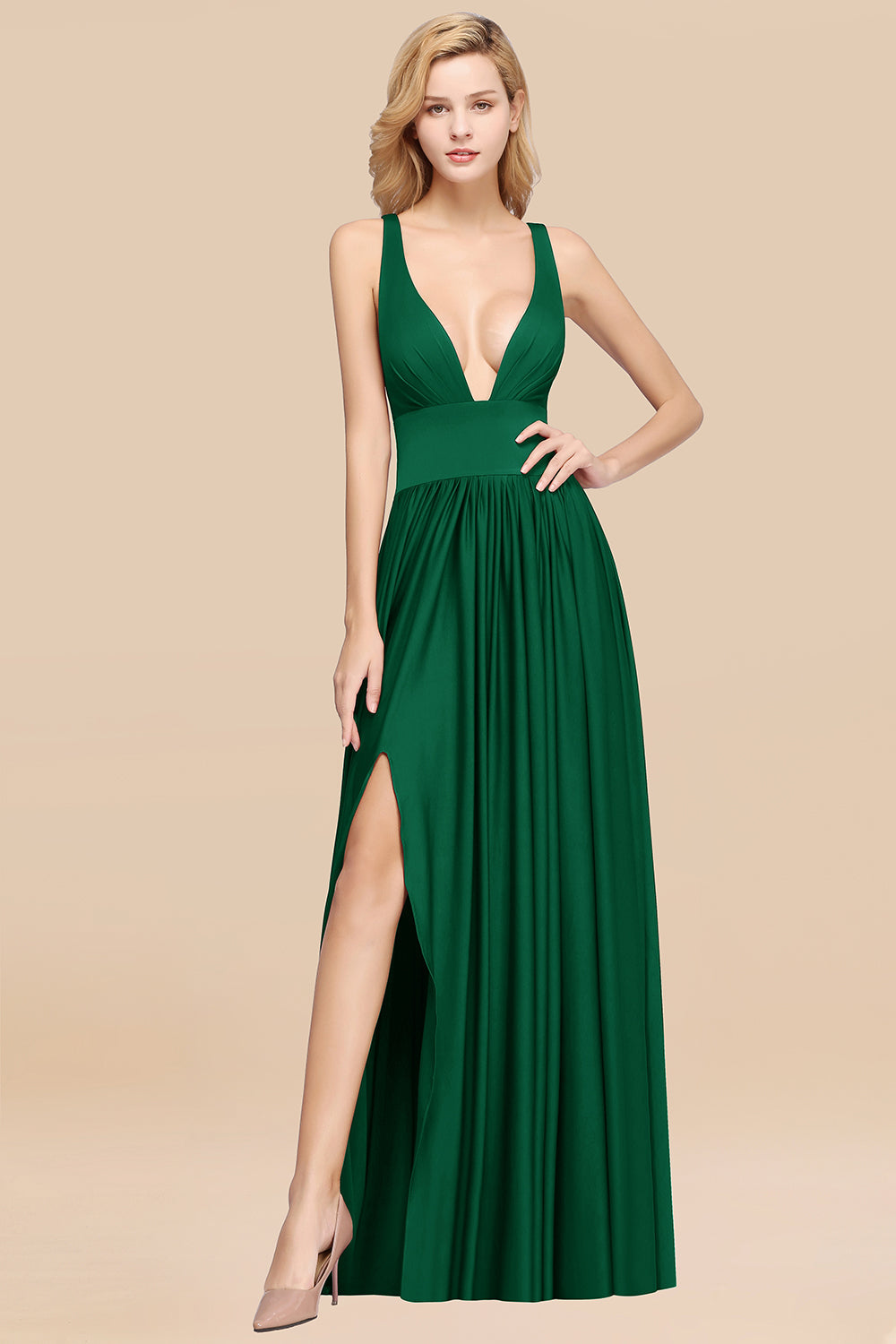 Sexy Deep V-Neck Sleeveless Bridesmaid Dresses Burgundy Chiffon Wedding Party Dress - Fashionpara