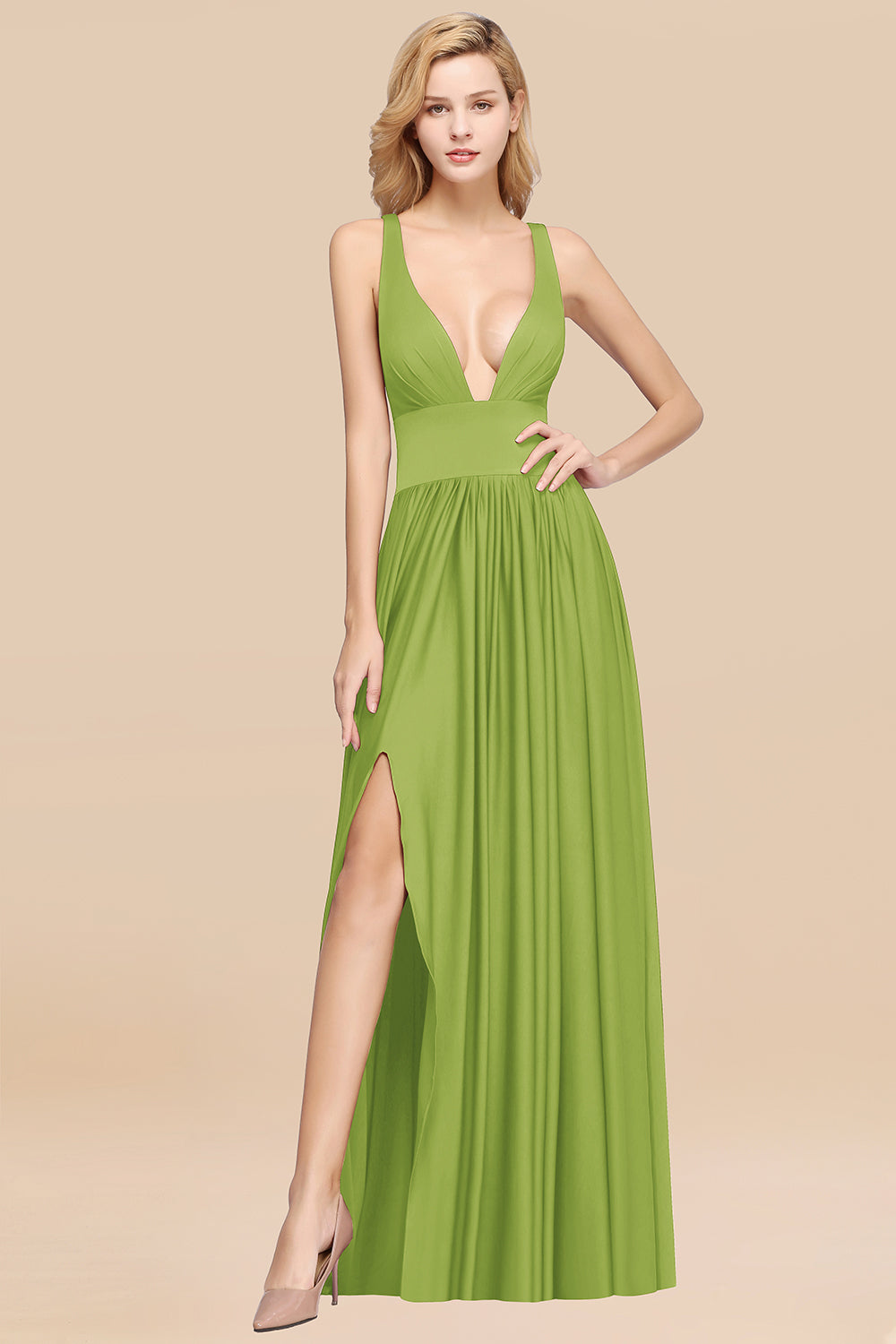 Sexy Deep V-Neck Sleeveless Bridesmaid Dresses Burgundy Chiffon Wedding Party Dress - Fashionpara