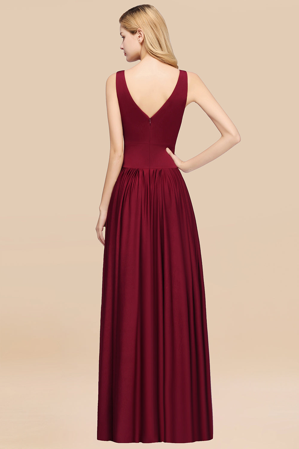 Sexy Deep V-Neck Sleeveless Bridesmaid Dresses Burgundy Chiffon Wedding Party Dress - Fashionpara