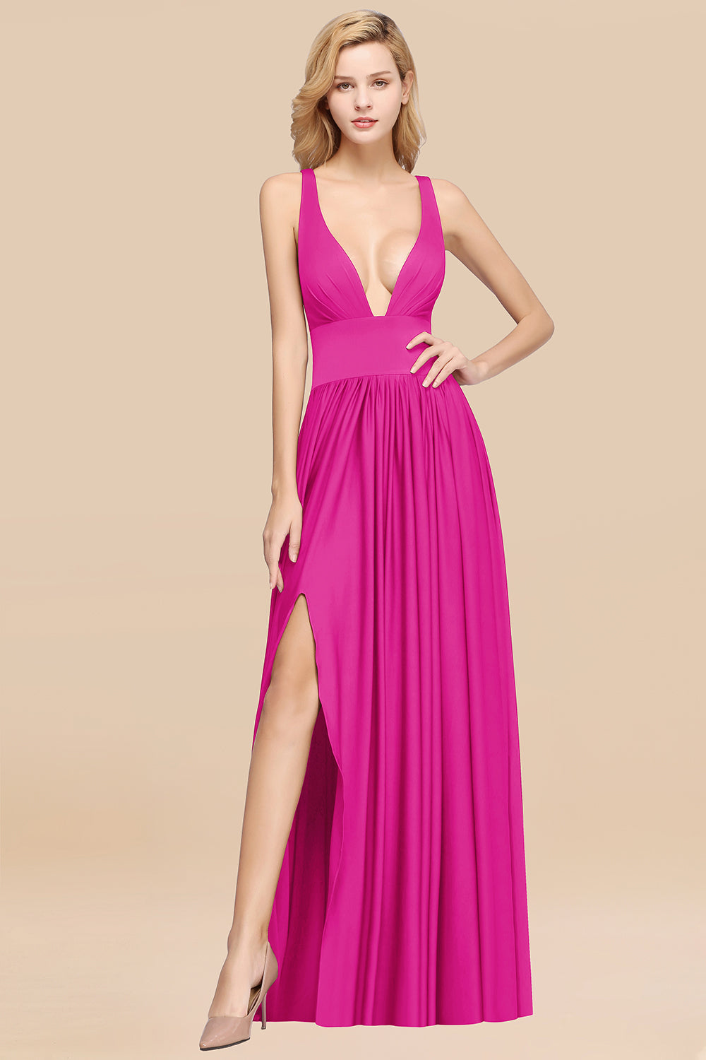 Sexy Deep V-Neck Sleeveless Bridesmaid Dresses Burgundy Chiffon Wedding Party Dress - Fashionpara