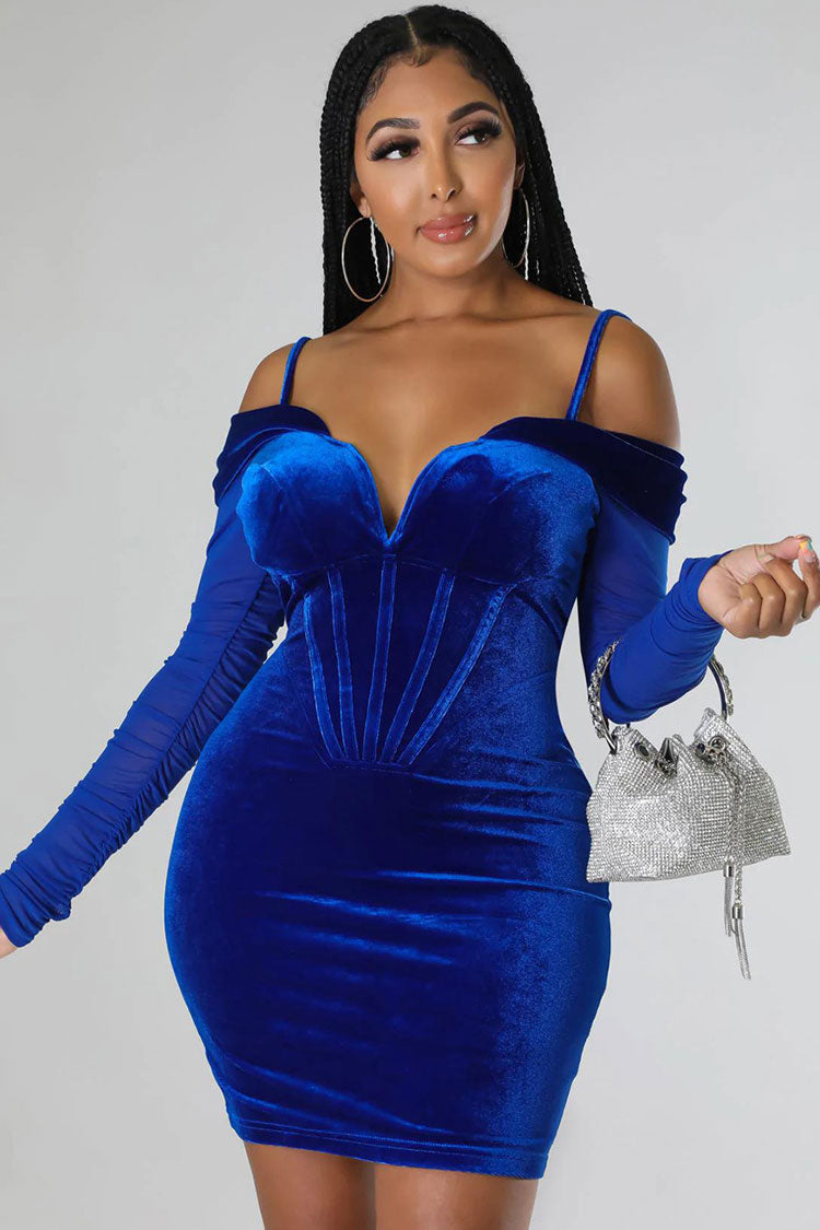 Velvet Off Shoulder Sheer Sleeve Corset Bodycon Mini Dress in Blue - View 2