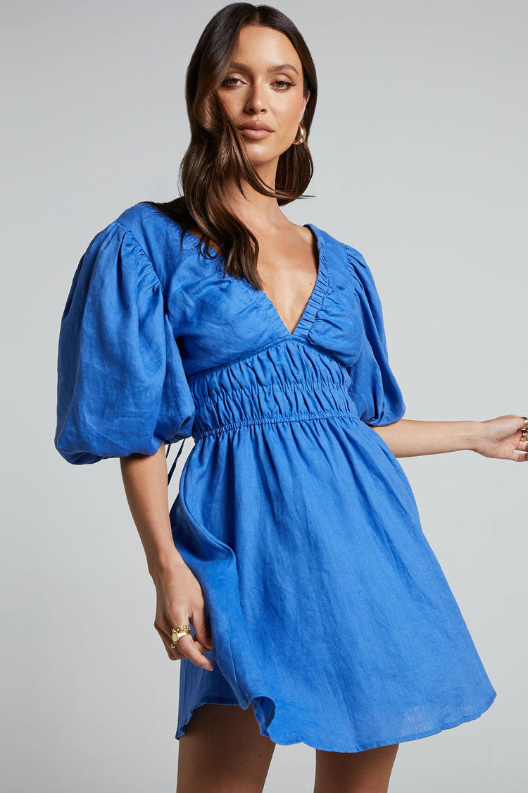 Sexy Deep V Tie Back Puff Sleeve Smocked Waist Summer Mini Dress - Blue Fashionpara