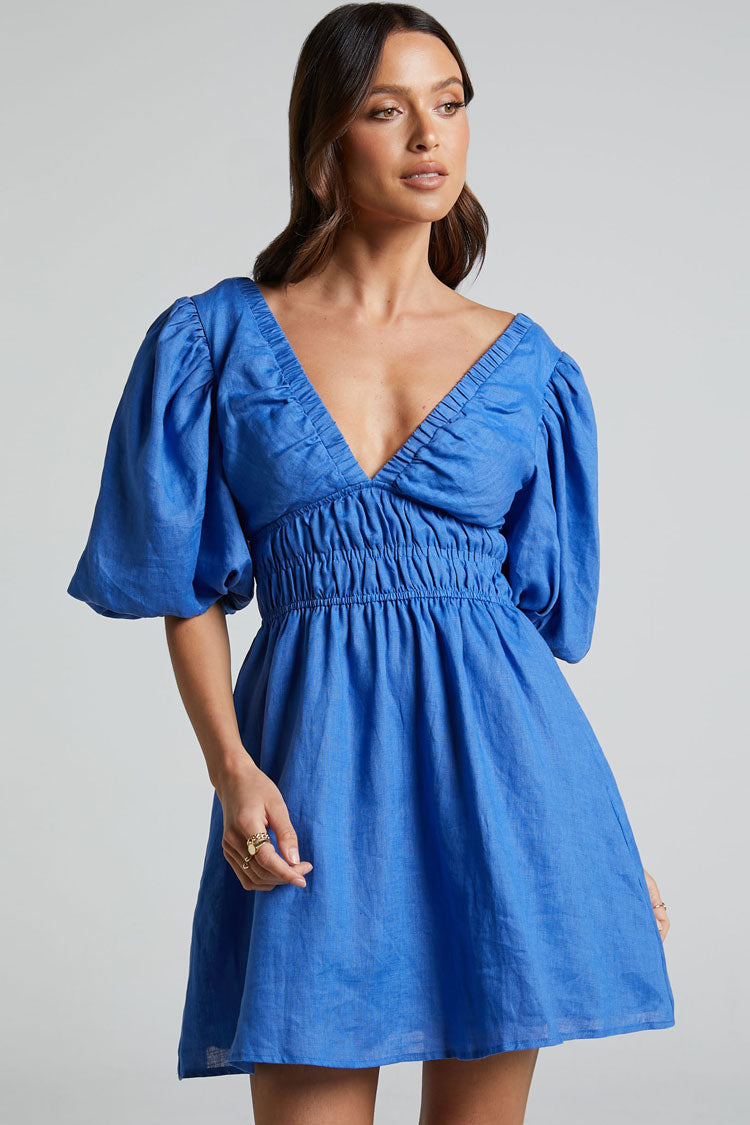 Sexy Deep V Tie Back Puff Sleeve Smocked Waist Summer Mini Dress - Blue Fashionpara
