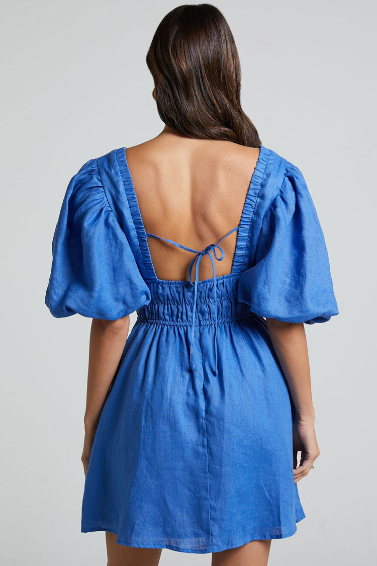 Sexy Deep V Tie Back Puff Sleeve Smocked Waist Summer Mini Dress - Blue Fashionpara