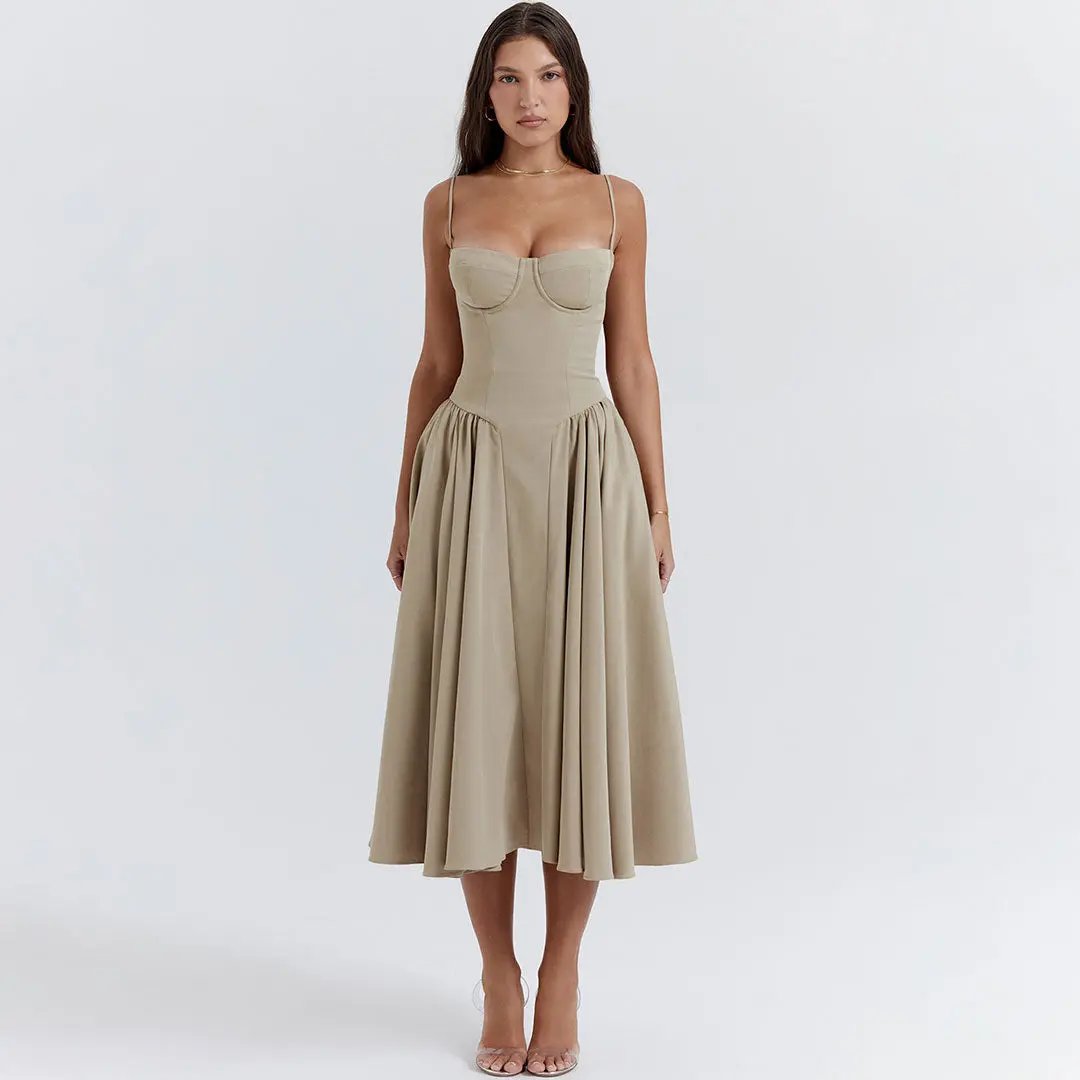 Sexy Demi Neck Drop Waist Fit and Flare Midi Cami Sundress - Khaki  Fashionpara