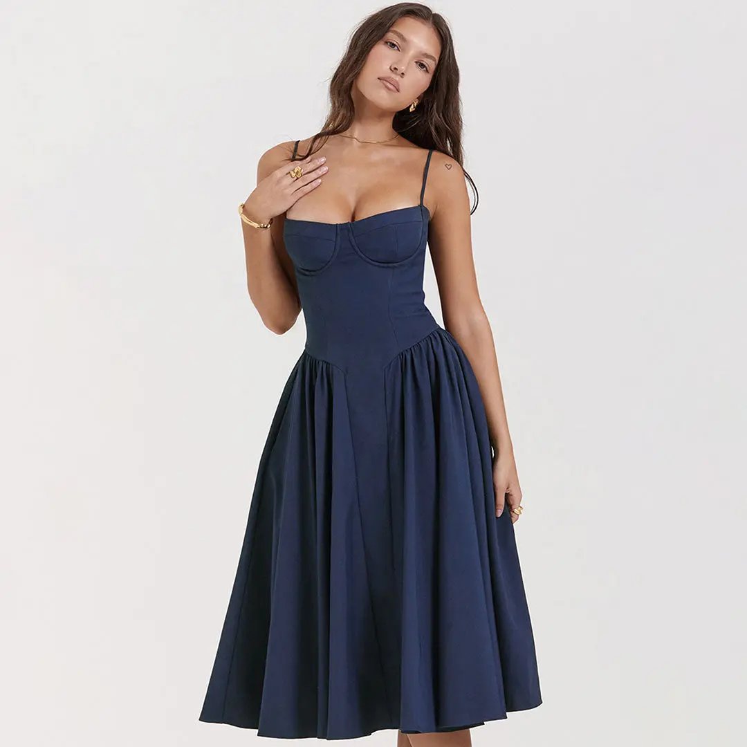 Sexy Demi Neck Drop Waist Fit and Flare Midi Cami Sundress - Navy Blue  Fashionpara
