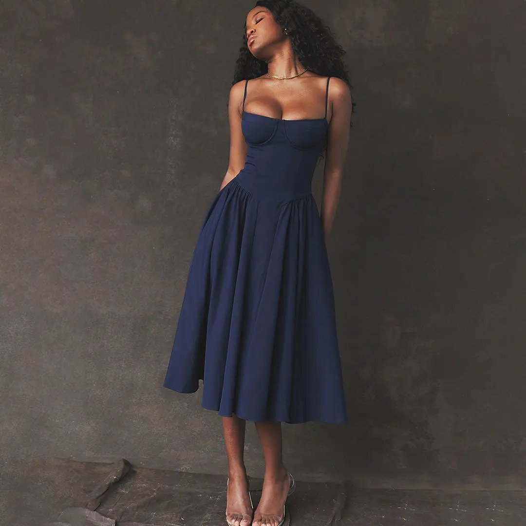 Sexy Demi Neck Drop Waist Fit and Flare Midi Cami Sundress - Navy Blue  Fashionpara