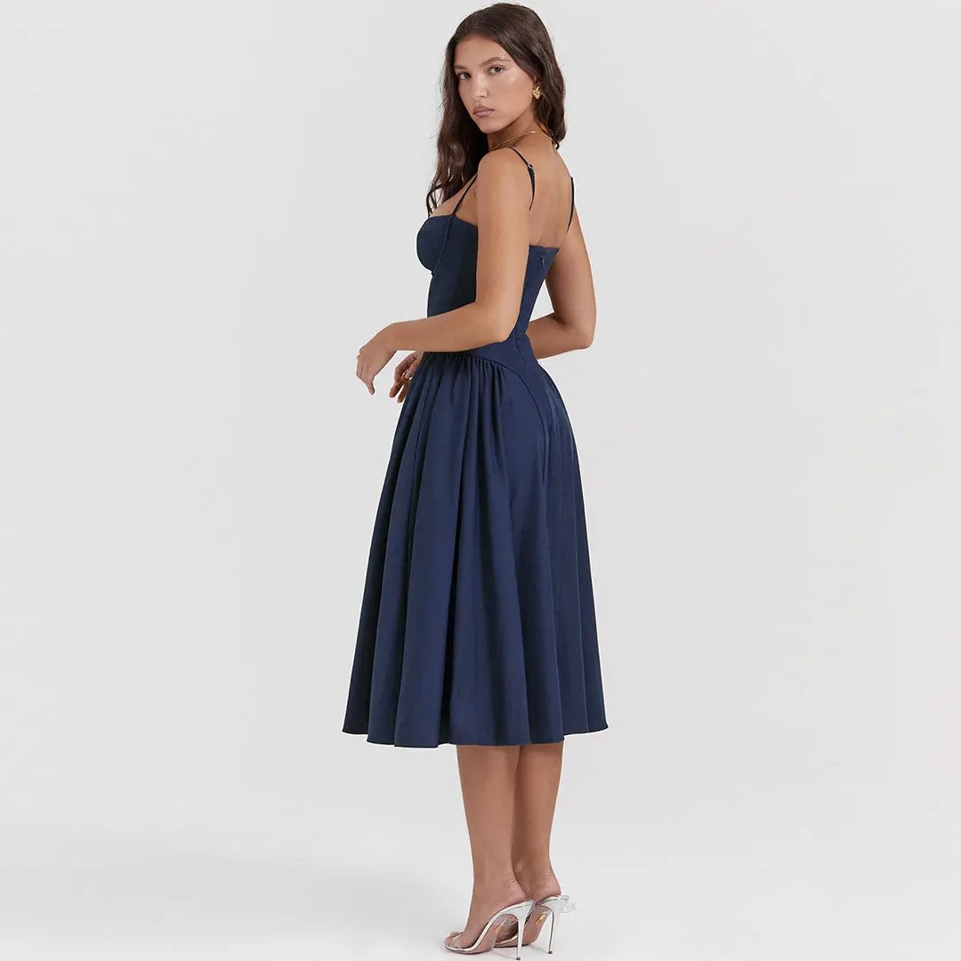 Sexy Demi Neck Drop Waist Fit and Flare Midi Cami Sundress - Navy Blue  Fashionpara