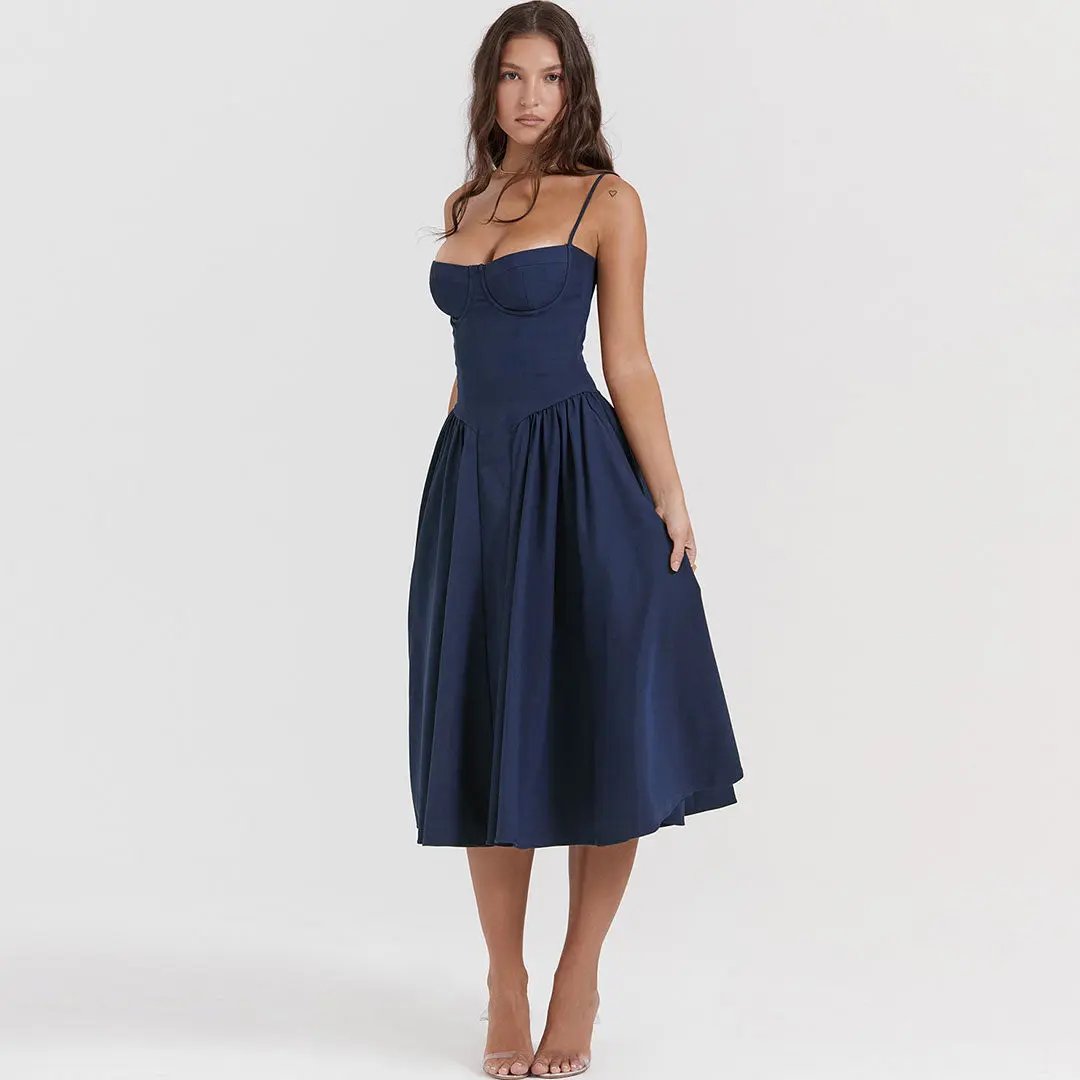 Sexy Demi Neck Drop Waist Fit and Flare Midi Cami Sundress - Navy Blue  Fashionpara