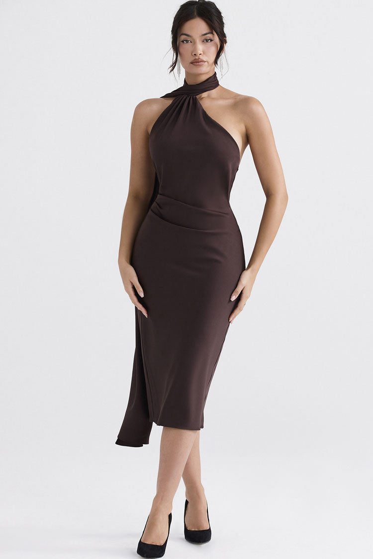 Satin Halter Neck Wrap Backless Midi Dress