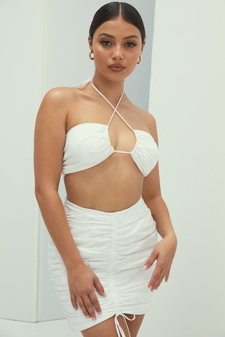 Drawstring Ruched Halter Two Piece Mini Dress - White - Fashionpara