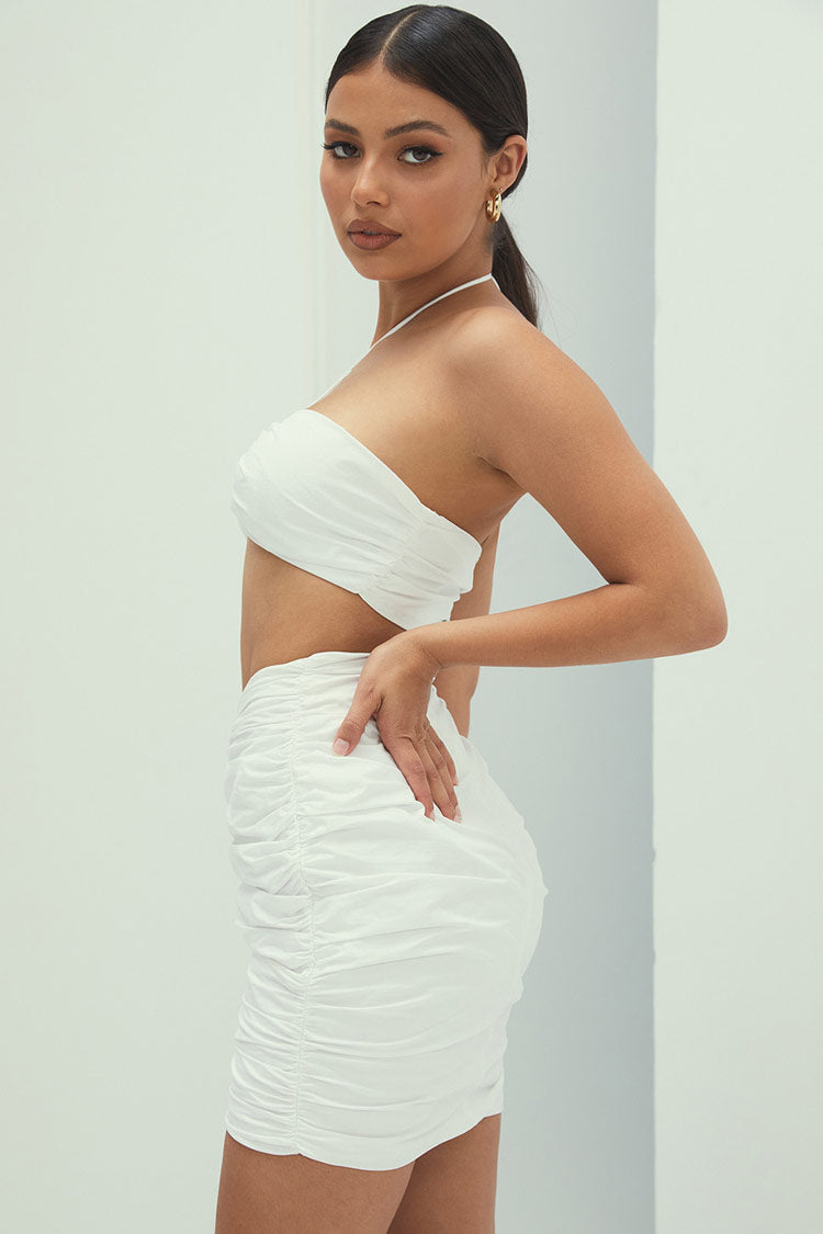 Drawstring Ruched Halter Two Piece Mini Dress - White - Fashionpara