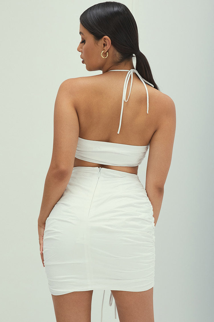 Drawstring Ruched Halter Two Piece Mini Dress - White - Fashionpara
