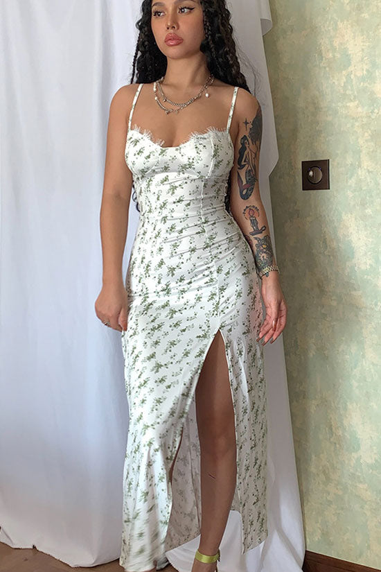 Sexy Eyelash Sweetheart Spaghetti Strap High Split Summer Floral Midi Sundress - Green - Fashionpara