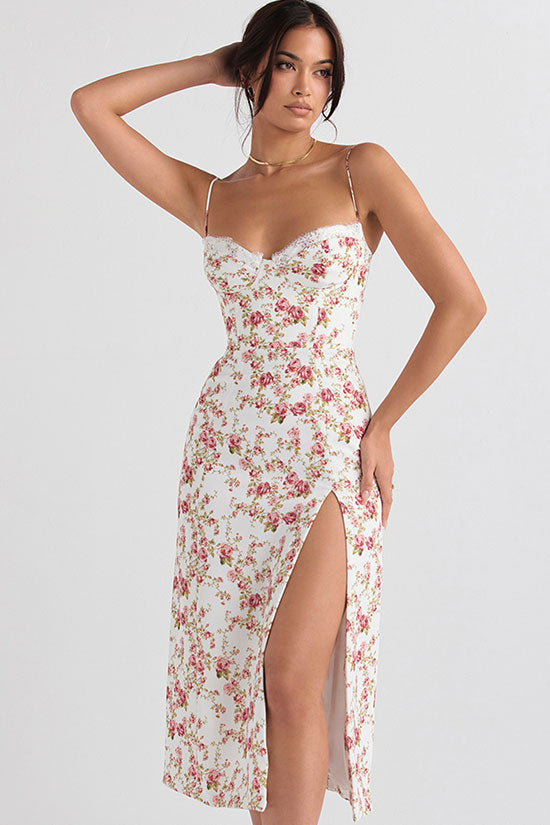 Sexy Eyelash Sweetheart Spaghetti Strap High Split Summer Floral Midi Sundress - Red  Fashionpara