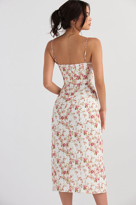 Sexy Eyelash Sweetheart Spaghetti Strap High Split Summer Floral Midi Sundress - Red  Fashionpara