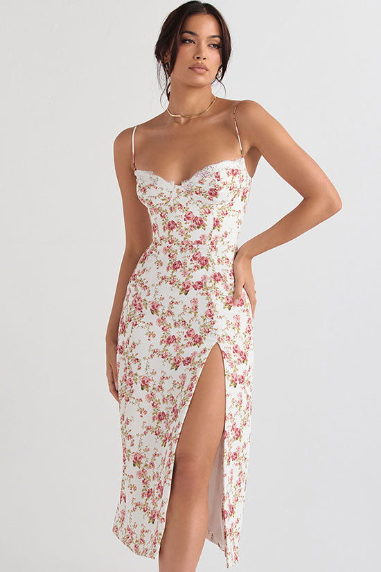 Sexy Eyelash Sweetheart Spaghetti Strap High Split Summer Floral Midi Sundress - Red  Fashionpara