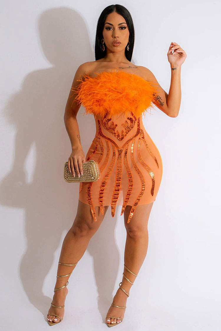Sexy Faux Fur Strapless Sequin Sheer Mesh Club Mini Dress - Burnt Orange - Fashionpara