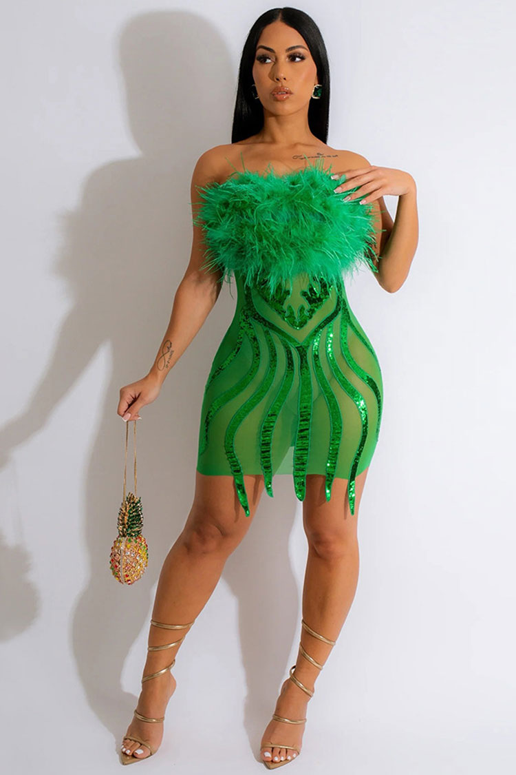 Sexy Faux Fur Strapless Sequin Sheer Mesh Club Mini Dress - Green - Fashionpara