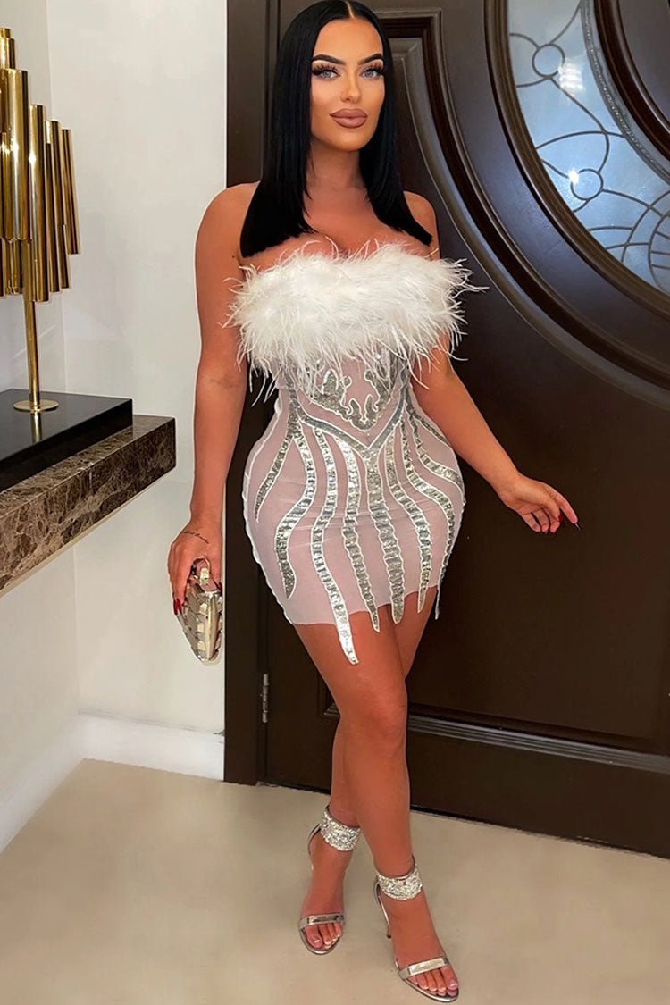 Sexy Faux Fur Strapless Sequin Sheer Mesh Club Mini Dress - White - Fashionpara