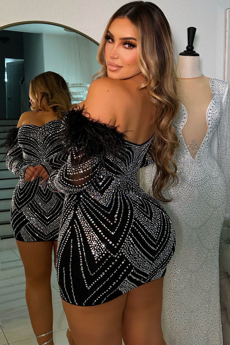 Sexy Feather Trim Off Shoulder Rhinestone Bodycon Party Mini Dress - Black Fashionpara