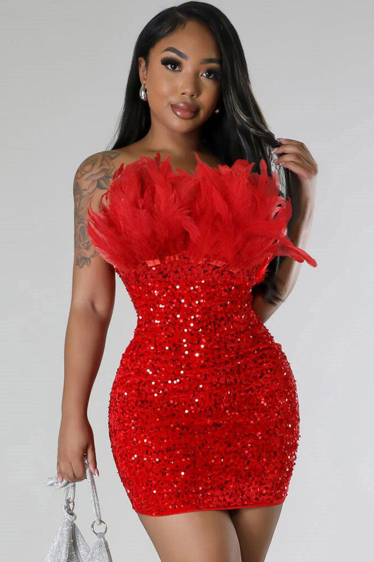 Sexy Feather Trim Strapless Bodycon Velvet Sequin Party Mini Dress - Red Fashionpara