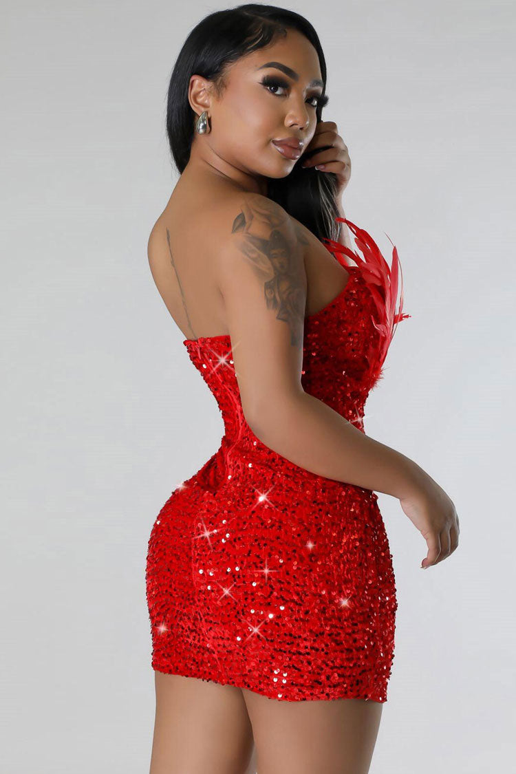 Sexy Feather Trim Strapless Bodycon Velvet Sequin Party Mini Dress - Red Fashionpara